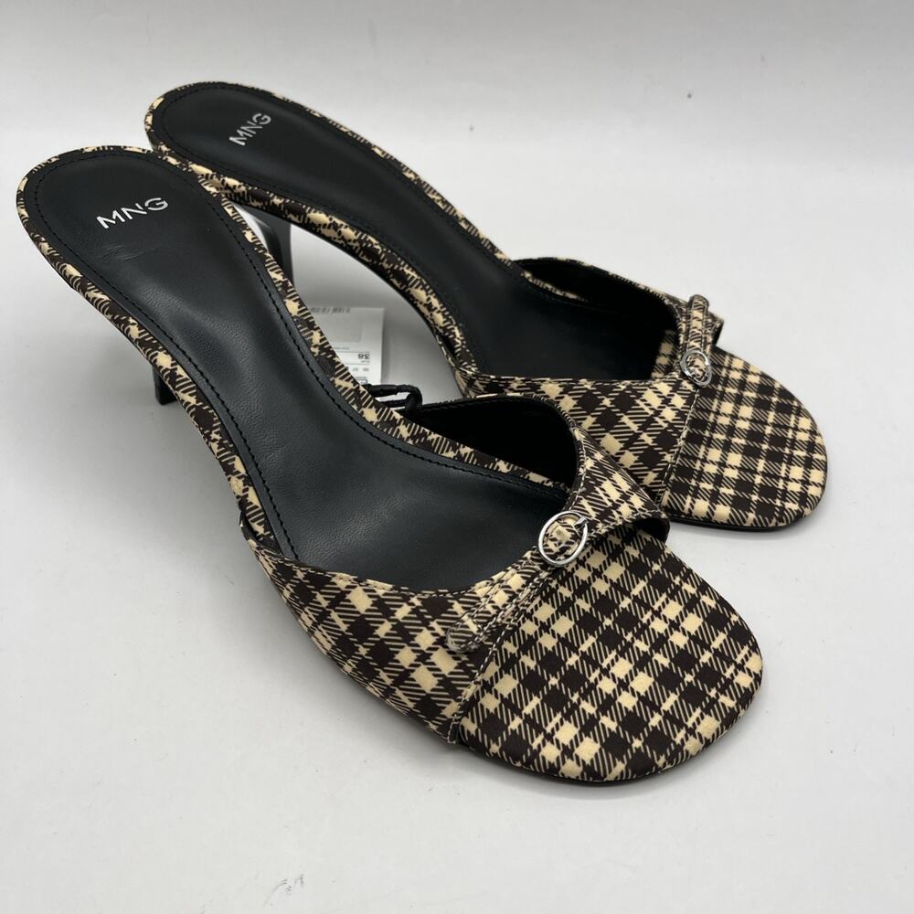 MANGO MNG Sandalia Peep Toe Kitten Heel CHECKERED SANDALS Brown Beige TRIED ON - Picture 3 of 10